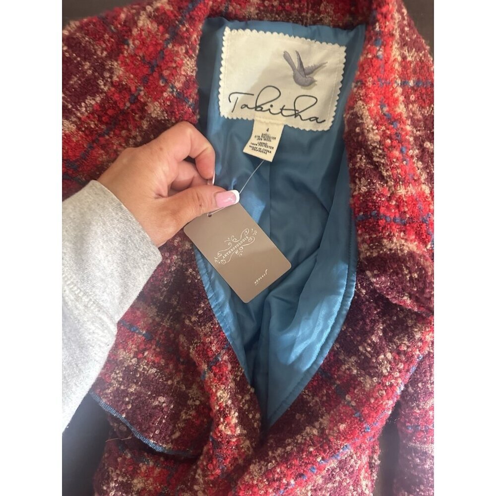 Anthropologie Tabitha Moretown Red Plaid Ruffle Tweed Belted Wool Jacket Sz 4 Nw - Picture 3 of 5